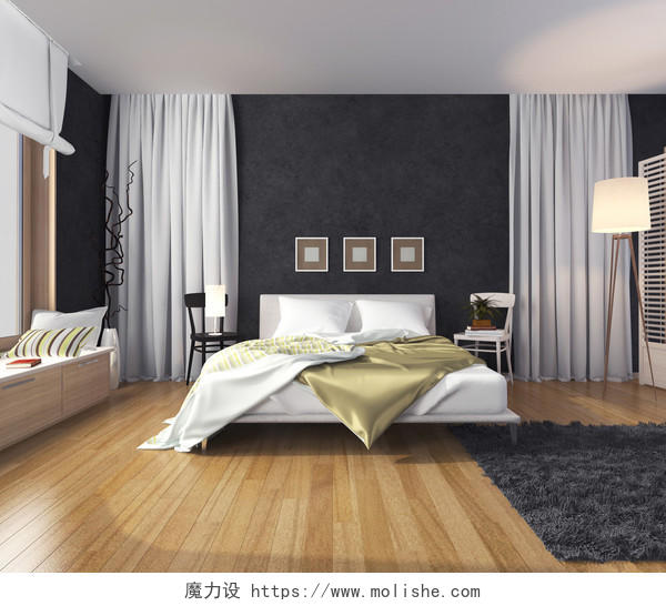 灰色背景前一个白色床上放着绿色的被子灰色地毯的公寓内部卧室家居宣传图